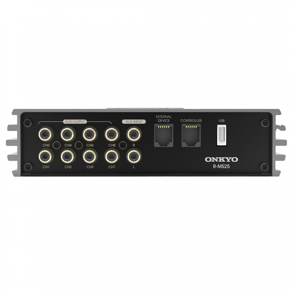 Bakpanel av en Onkyo R-MS25 med flera ljudanslutningar och USB-port.