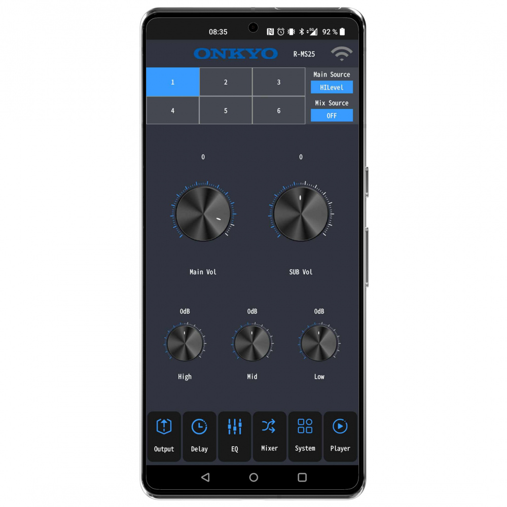 App för Onkyo R-MS25 med volymkontroller och inspelningsalternativ.