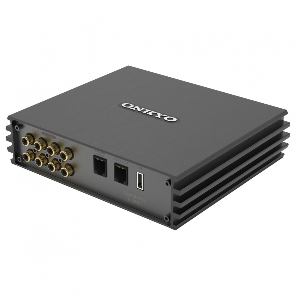 En grå ljudförstärkare med flera anslutningar och Bluetooth.