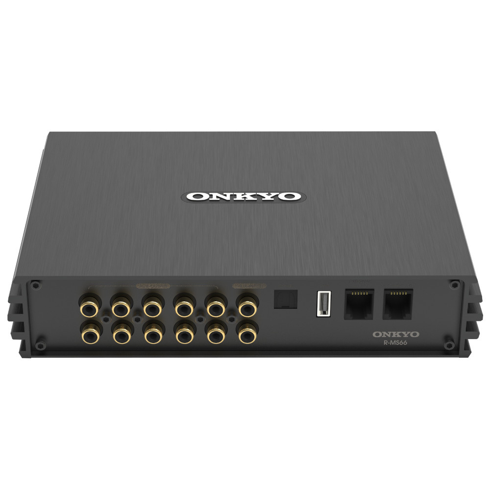 En svart ljudprocessor med flera ingångar och utgångar, inklusive Bluetooth.