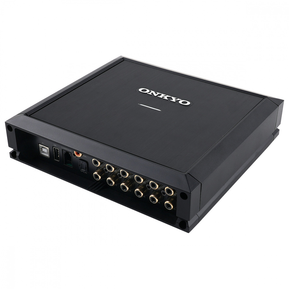 En svart ljudförstärkare med flera anslutningar för ljud.