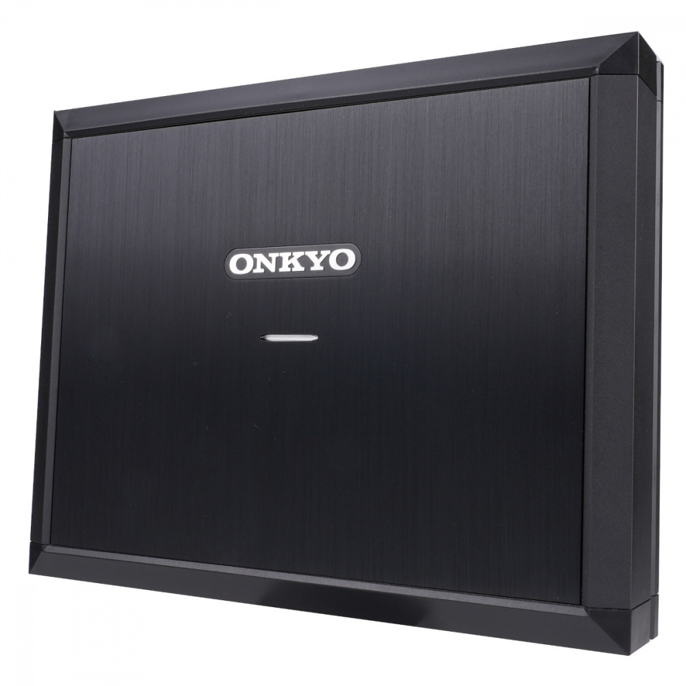 En elegant svart ljudförstärkare med Onkyo-logotyp.