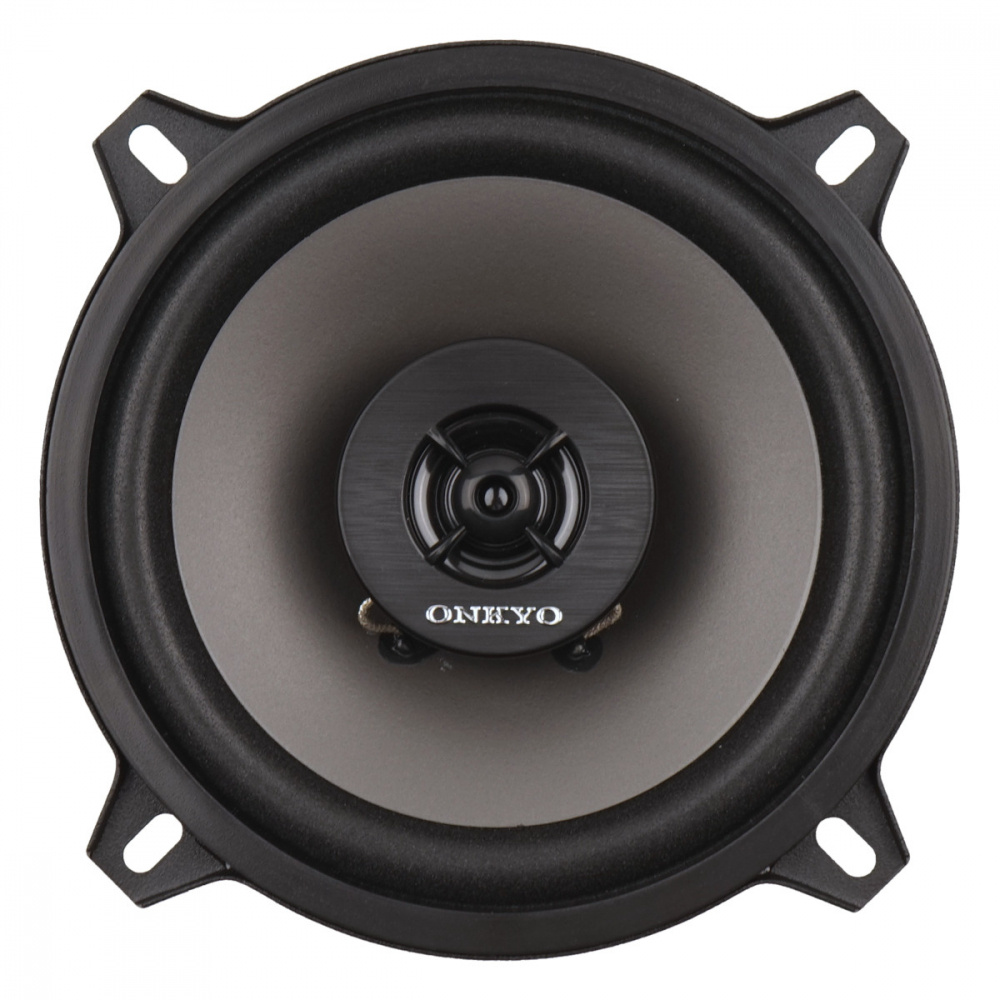 En koaxialhögtalare med en svart och silverfinish.