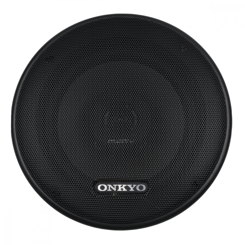 En rund svart koaxialhögtalare med nätverksgaller och Onkyo-logotyp.