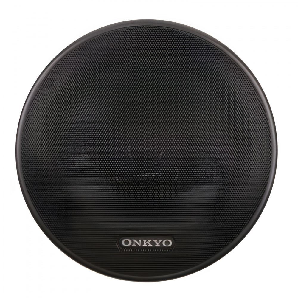 En rund, svart koaxialhögtalare med texturen av ett galler och Onkyo-logotyp.