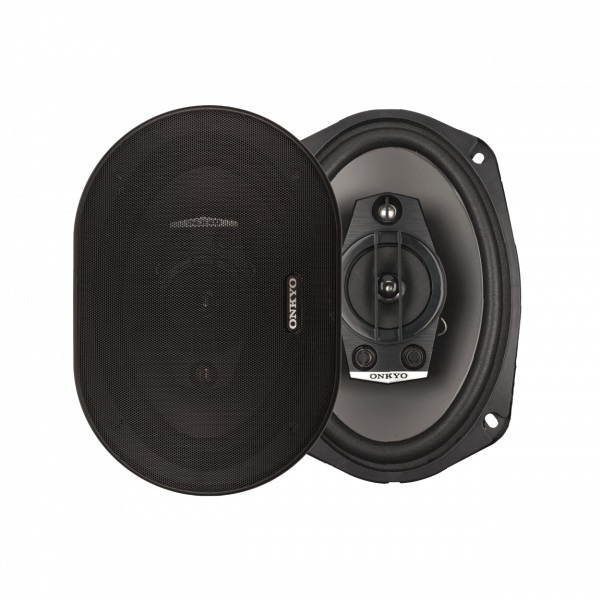 En oval svart koaxialhögtalare med runda element och metallgrill.