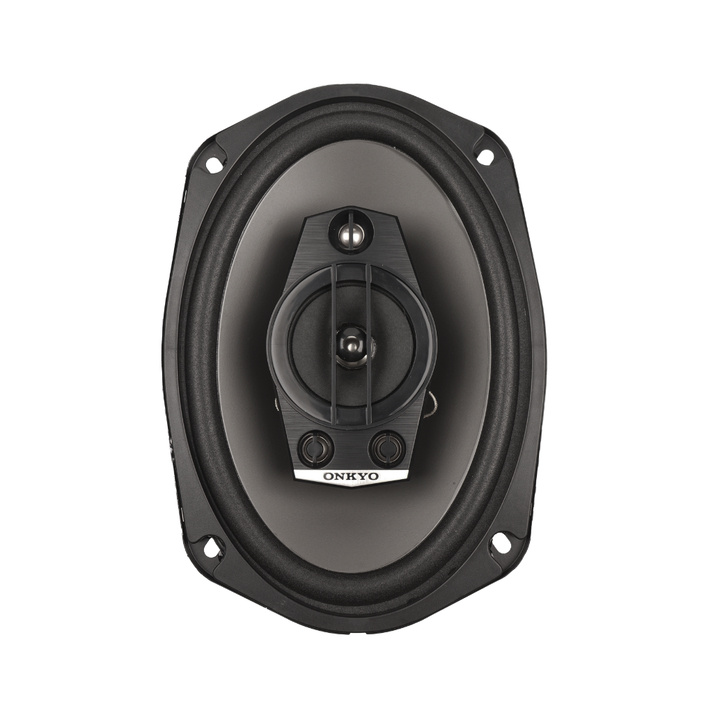 En oval koaxialhögtalare med svart ram och centralt element.