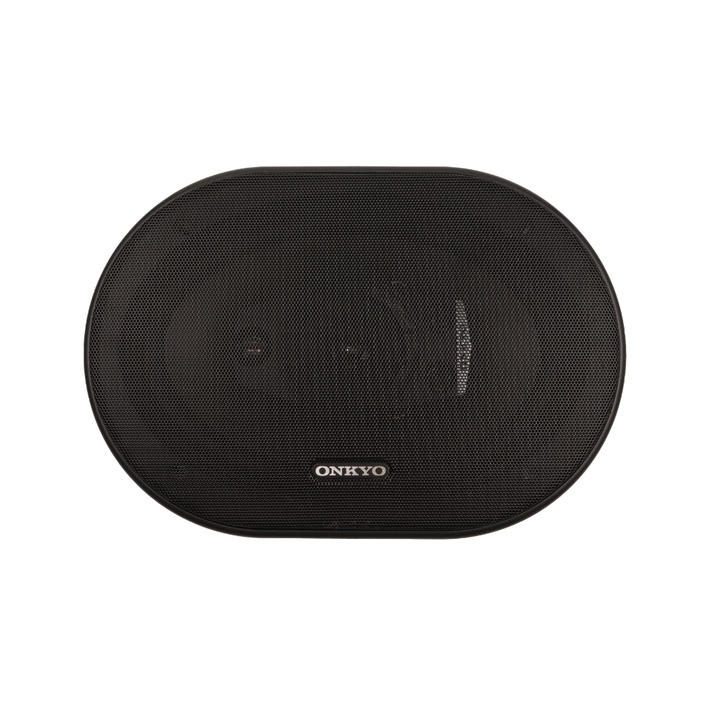 En oval, svart koaxialhögtalare med ett galler.