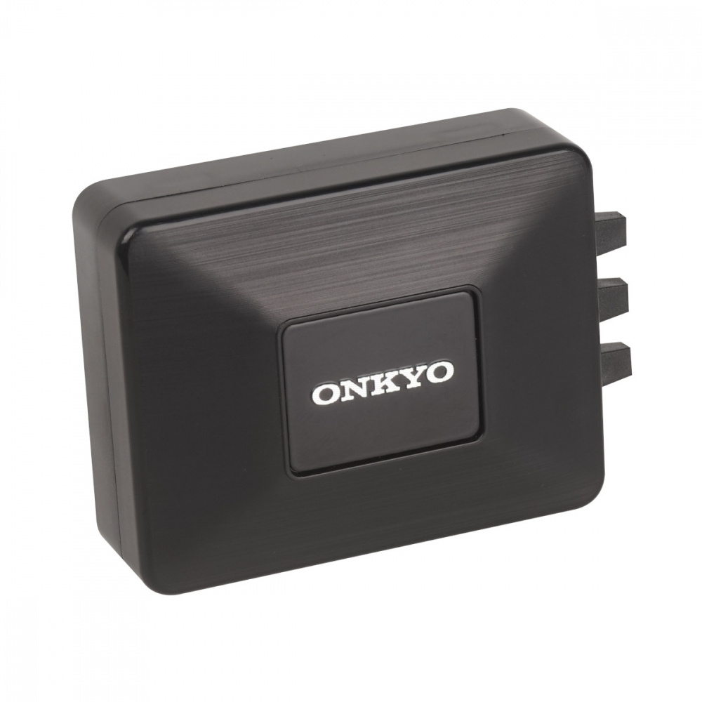 Svart ljudsystem med Onkyo-logga, kompakta dimensioner.