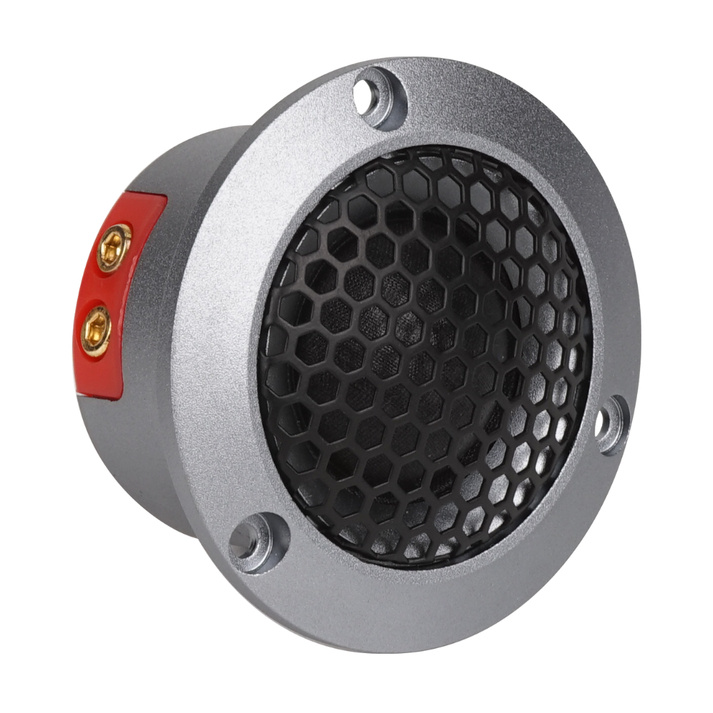 En rund högsmall med galler, röd anslutning och metallisk yta.