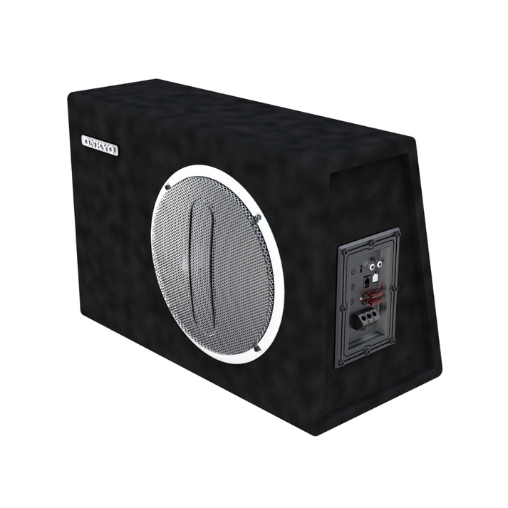 En slimmad svart baslåda med ett galler och en anslutningspanel.