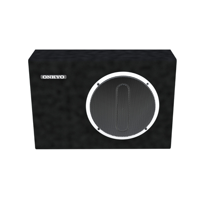 En svart baslåda med en rund högtalargaller och logotyp.