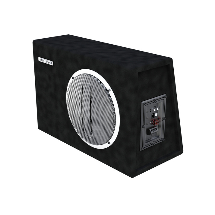 Slimmad aktiv 12 tums baslåda med svart ytfinish och rund grill.