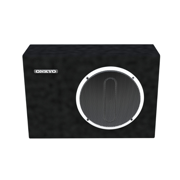 En svart aktiv baslåda med rund högtalarefront.