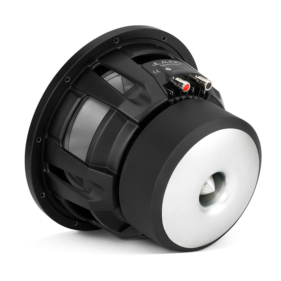 Ett 10 tums baselement med svart hölje och silverfärgad front.