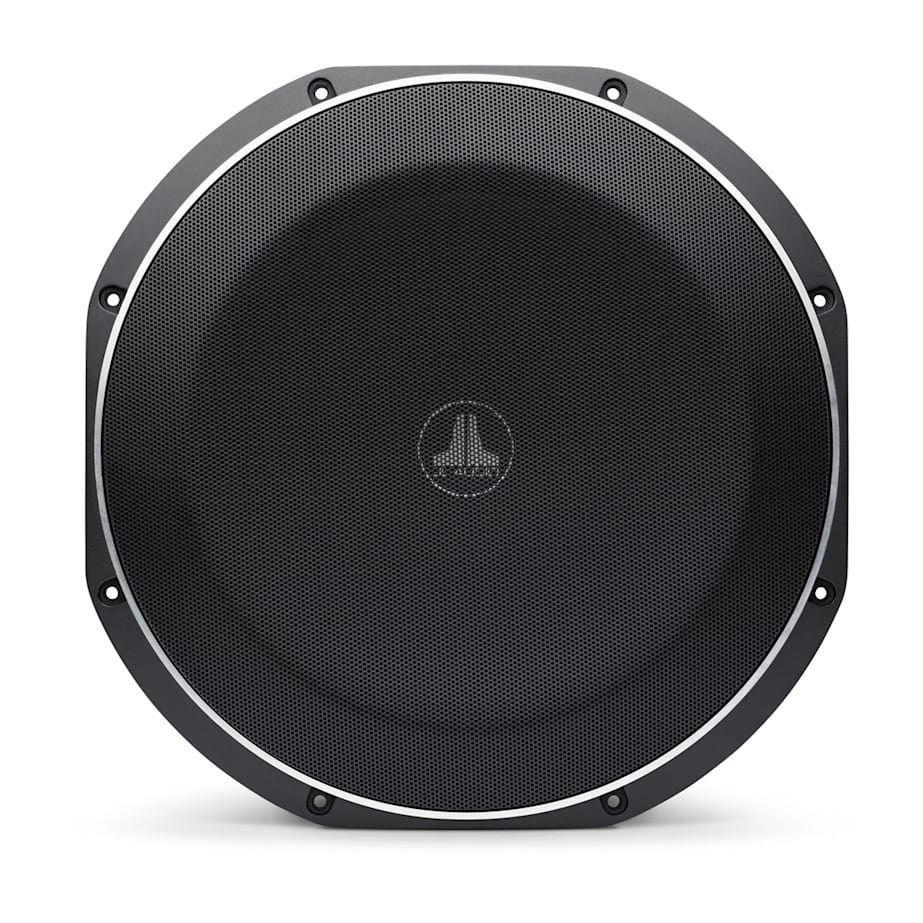 Ett slimmat 12-tums baselement med svart galler och rund form.