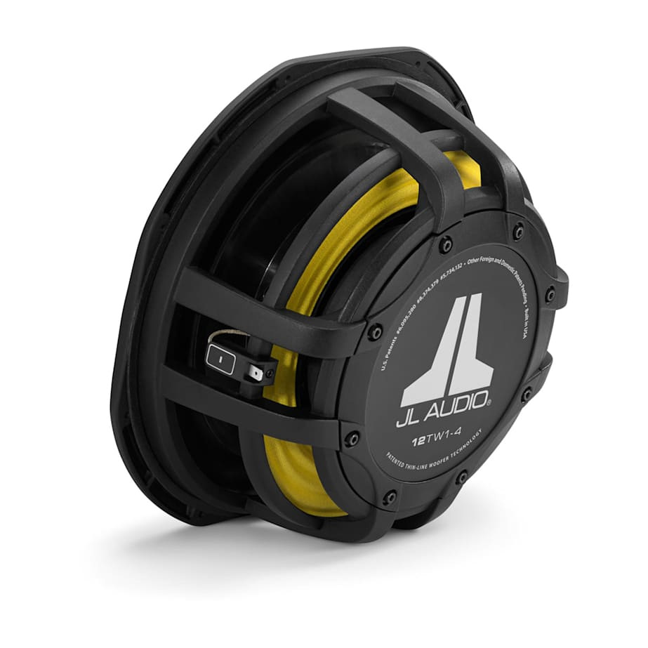 En slimmad 12-tums baslåda med svart och gul design.