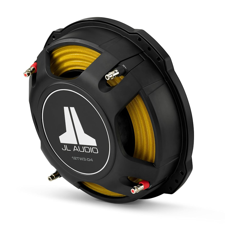 Ett slimmat 12-tums baselement från JL Audio med svart och guld design.