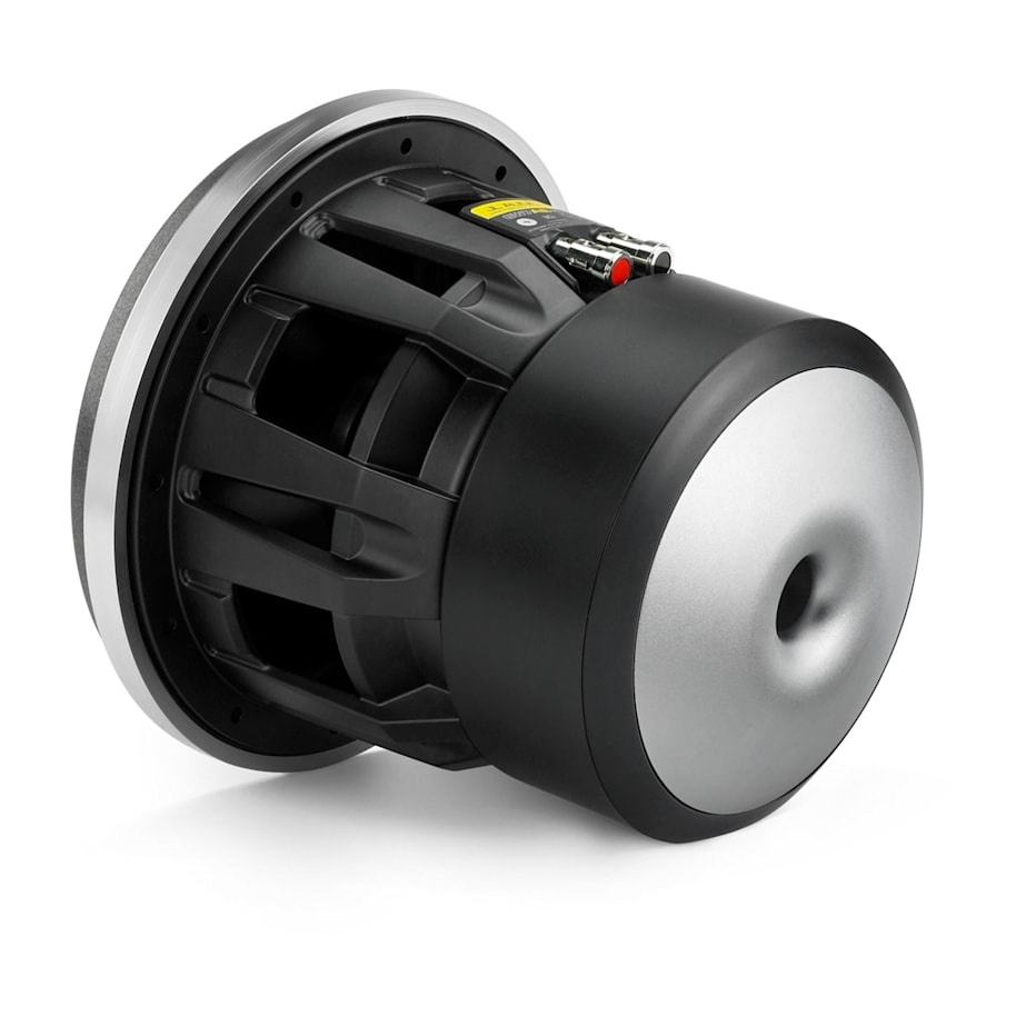 Ett svart och silverfärgat 8 tums baselement med robust design.