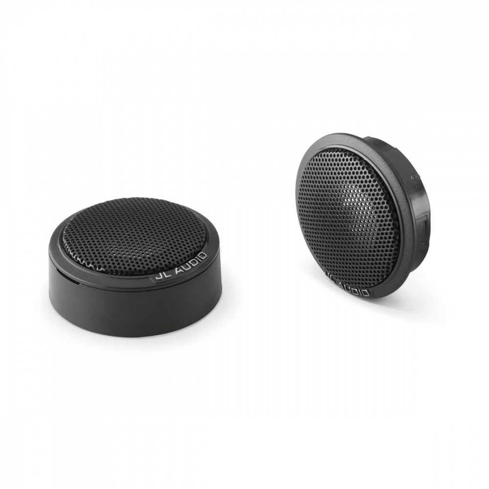 Två svarta diskant-högtalare med maskig front, JL Audio.