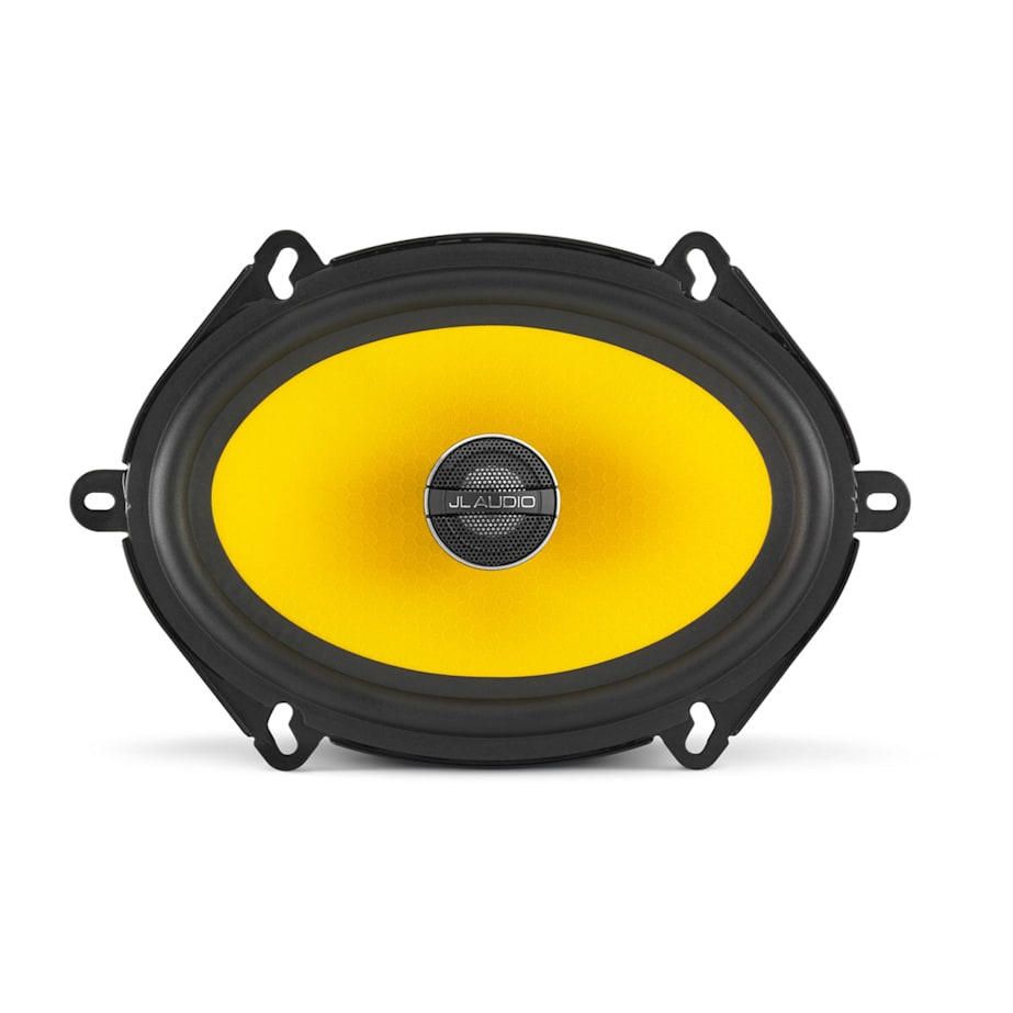 En oval koaxialhögtalare med gul diffusor och svart ram.