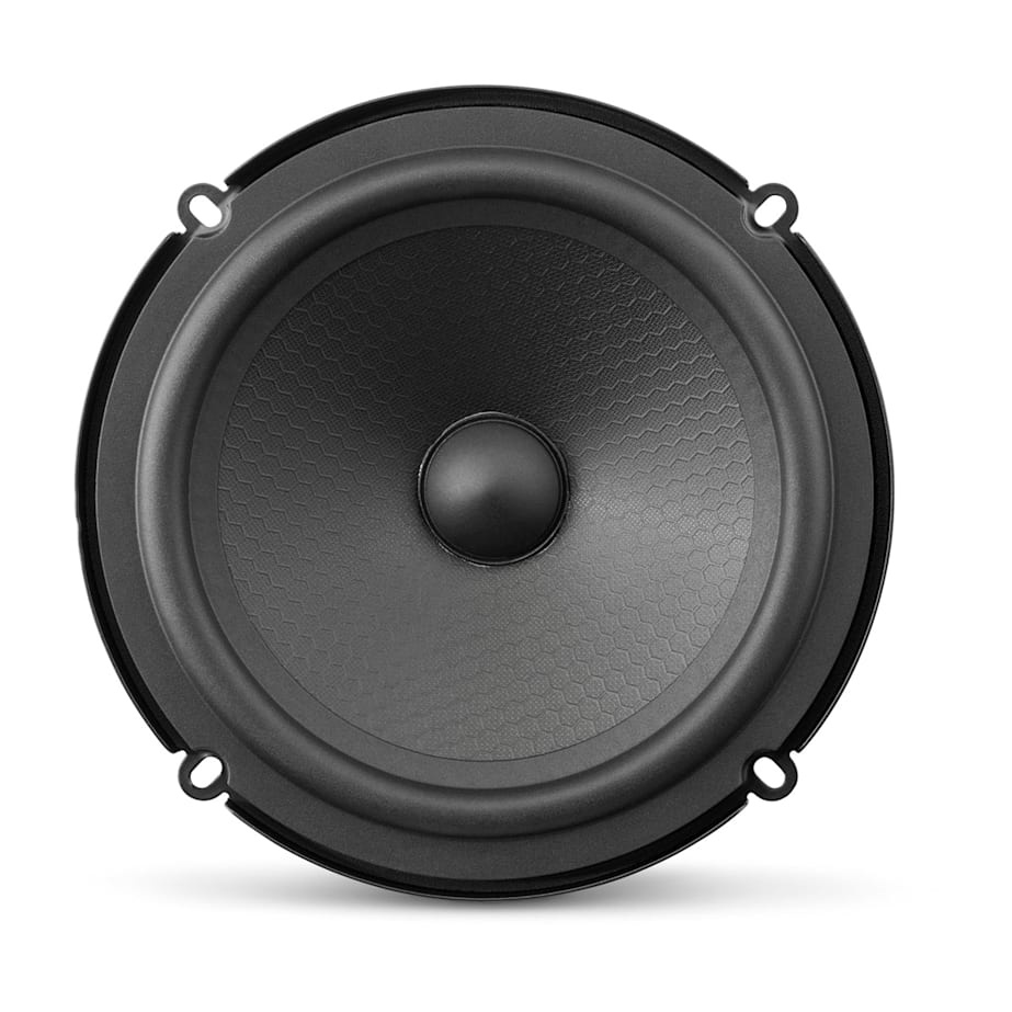 En rund högtalare med svart korg och hexagonalt mönstrad kon.