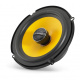 JL Audio C1-650x, 6.5 tums koaxialhögtalare En svart och gul koaxialhögtalare med nätfilt och centralt märke.