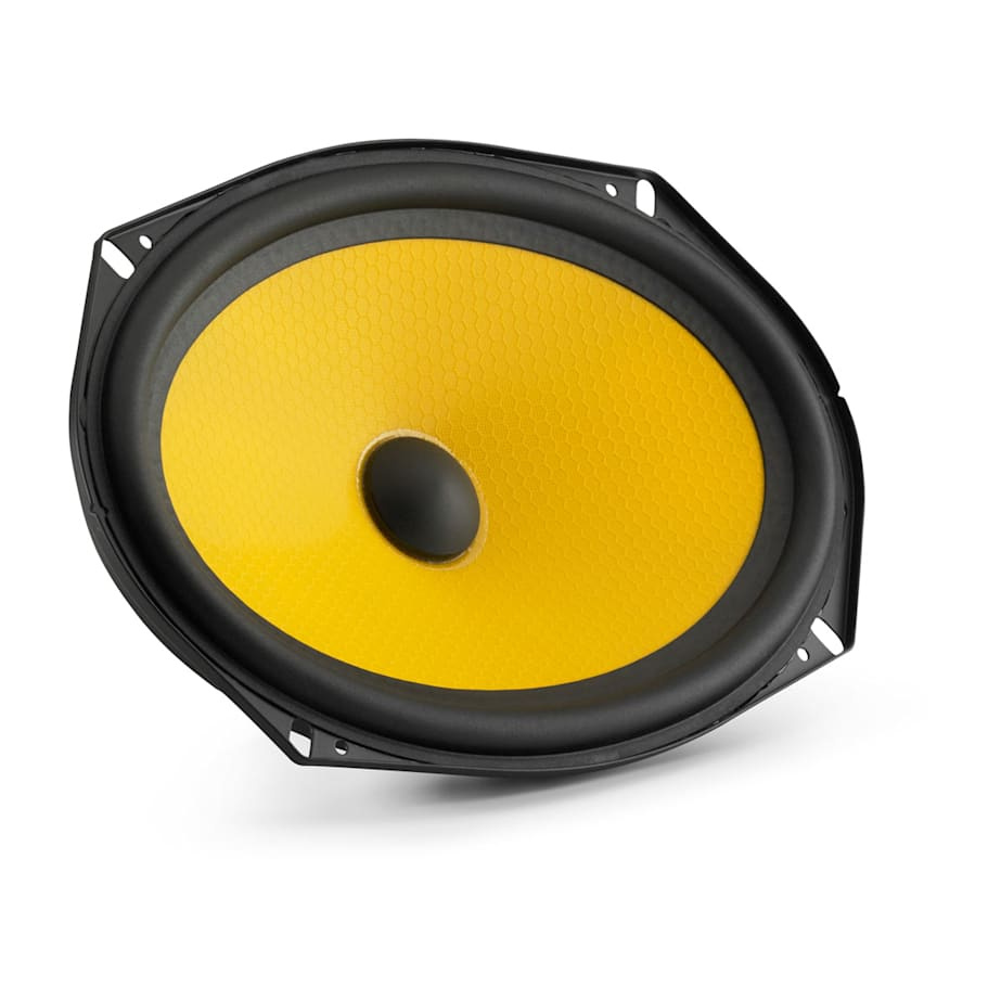 Ett 6x9-tums bilhögtalarkit med gul membran och svart ram.