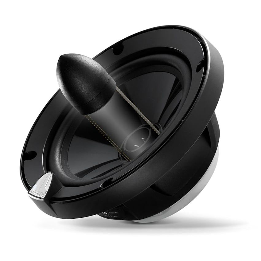 En svart 5.25 tums koaxialhögtalare med modern design.