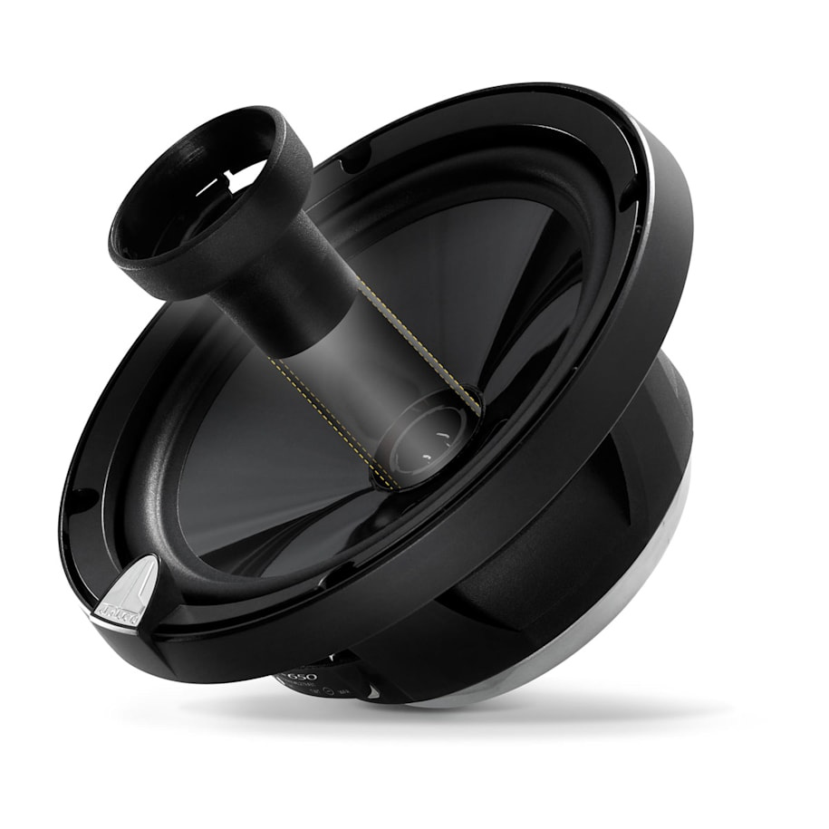 Ett 6,5 tums koaxialhögtalarsystem med svart design och snygga detaljer.