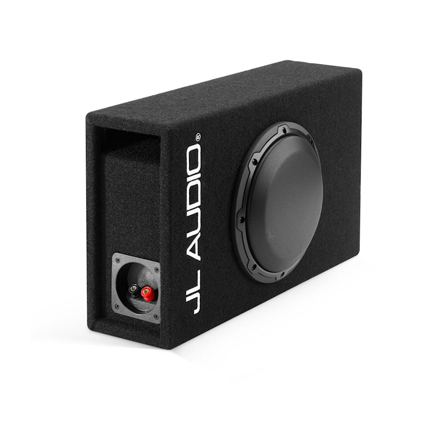 En svart baslåda med en 8 tums högtalare, märkt JL Audio.