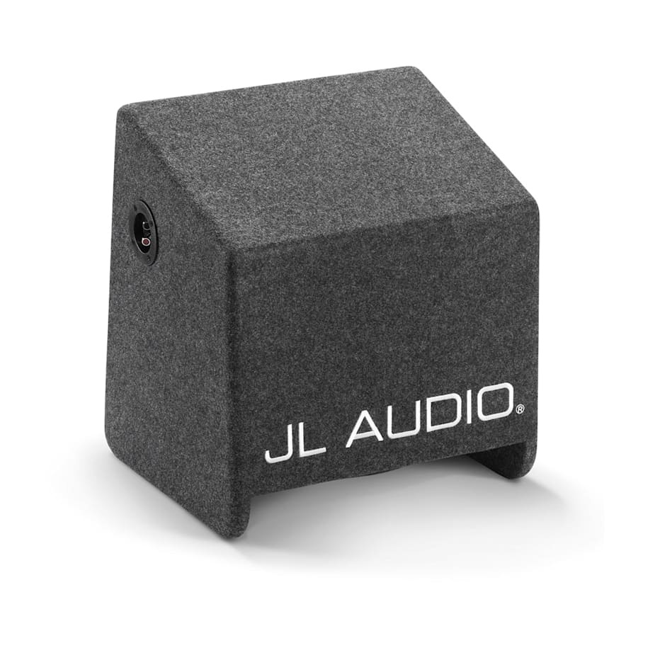 En grå, kvadratisk baslåda med JL Audio-logotyp.