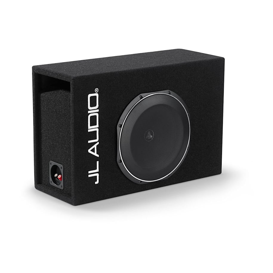 En svart baslåda med en 12-tums högtalare och JL Audio-logotyp.
