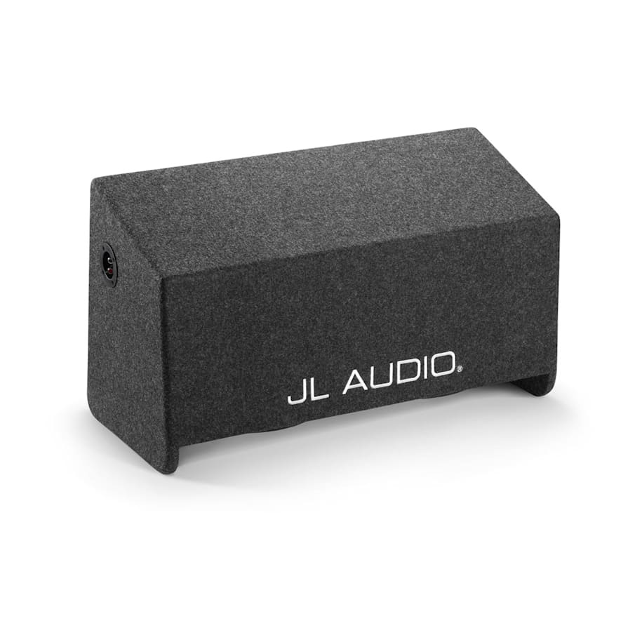 En svart baslåda med JL Audio-logotyp och rund ingång.