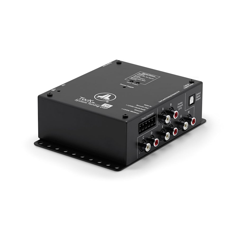 En svart, kompakt enhet med flera ljudanslutningar och kontroller.