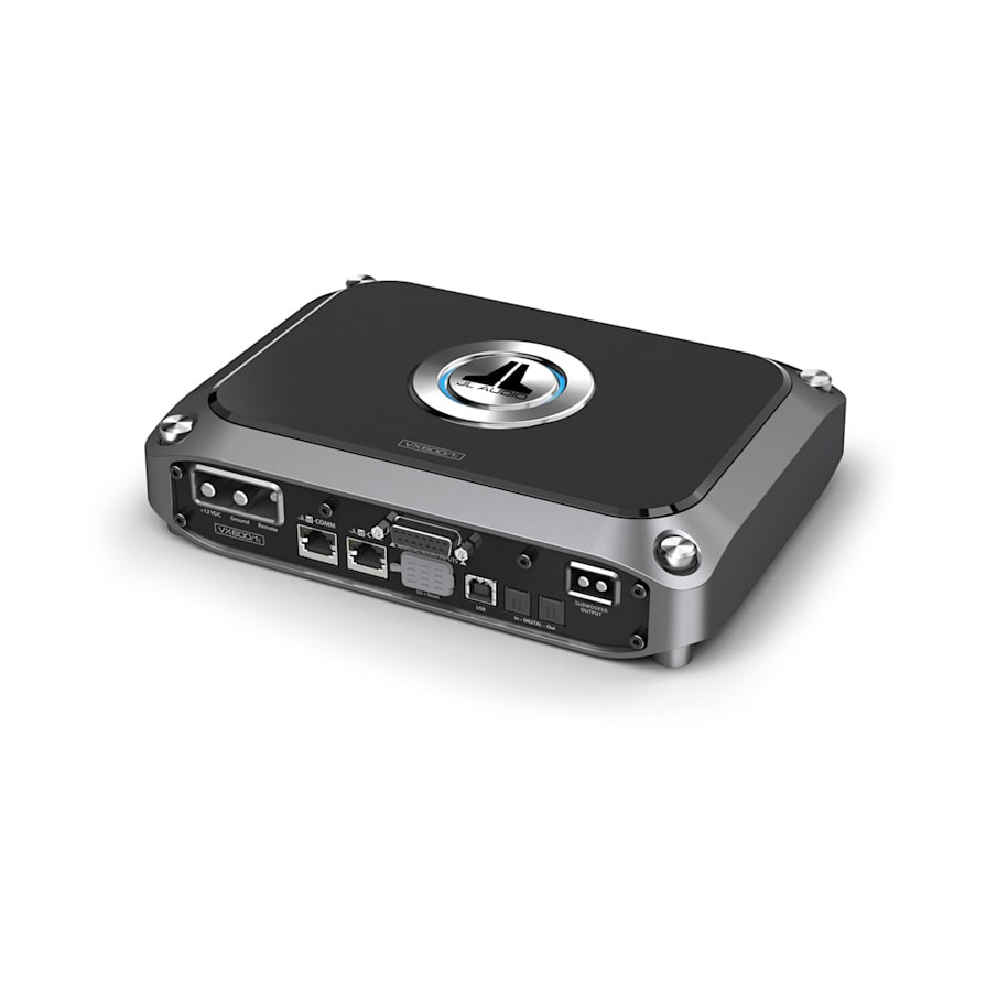 Monoblock förstärkare med DSP, kompakta mått och anslutningsportar.