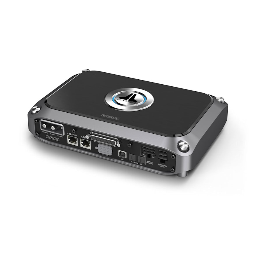 En kompakt 5-kanals DSP-förstärkare med flera anslutningar.