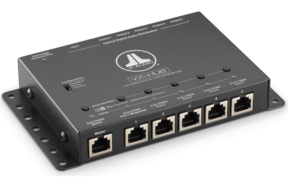 Nätverkshubb med flera portar för JL Audio VXi-slutsteg. Kompakt och svart design.
