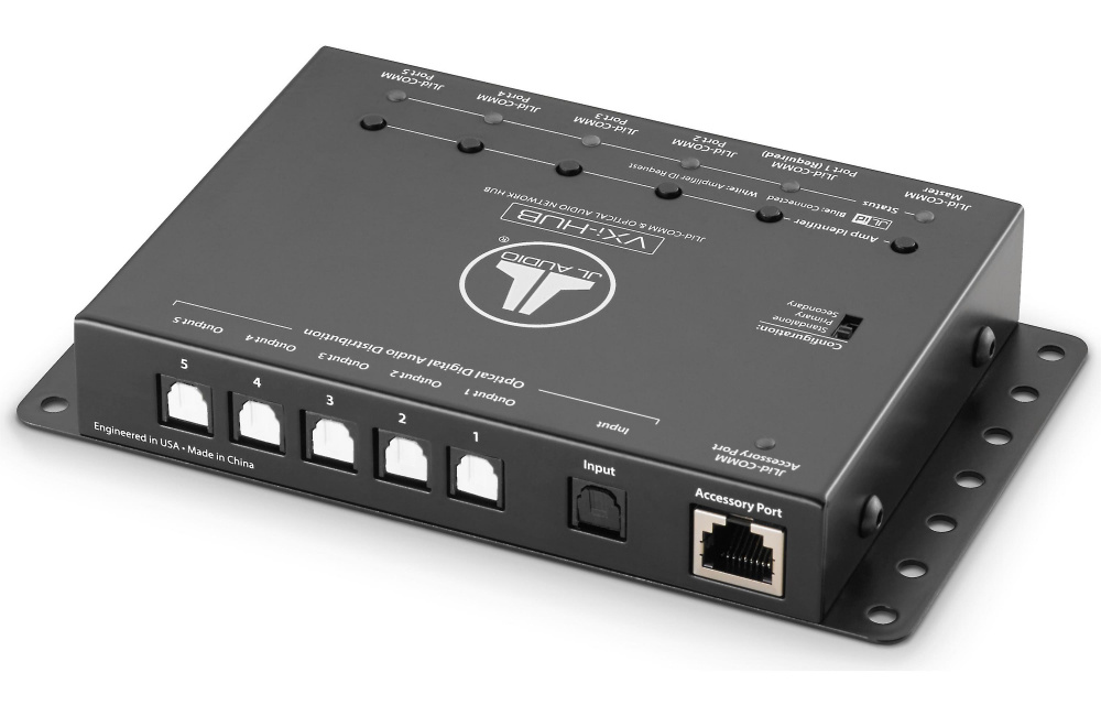 Nätverkshubb i grått för anslutning av flera VXi-slutsteg.