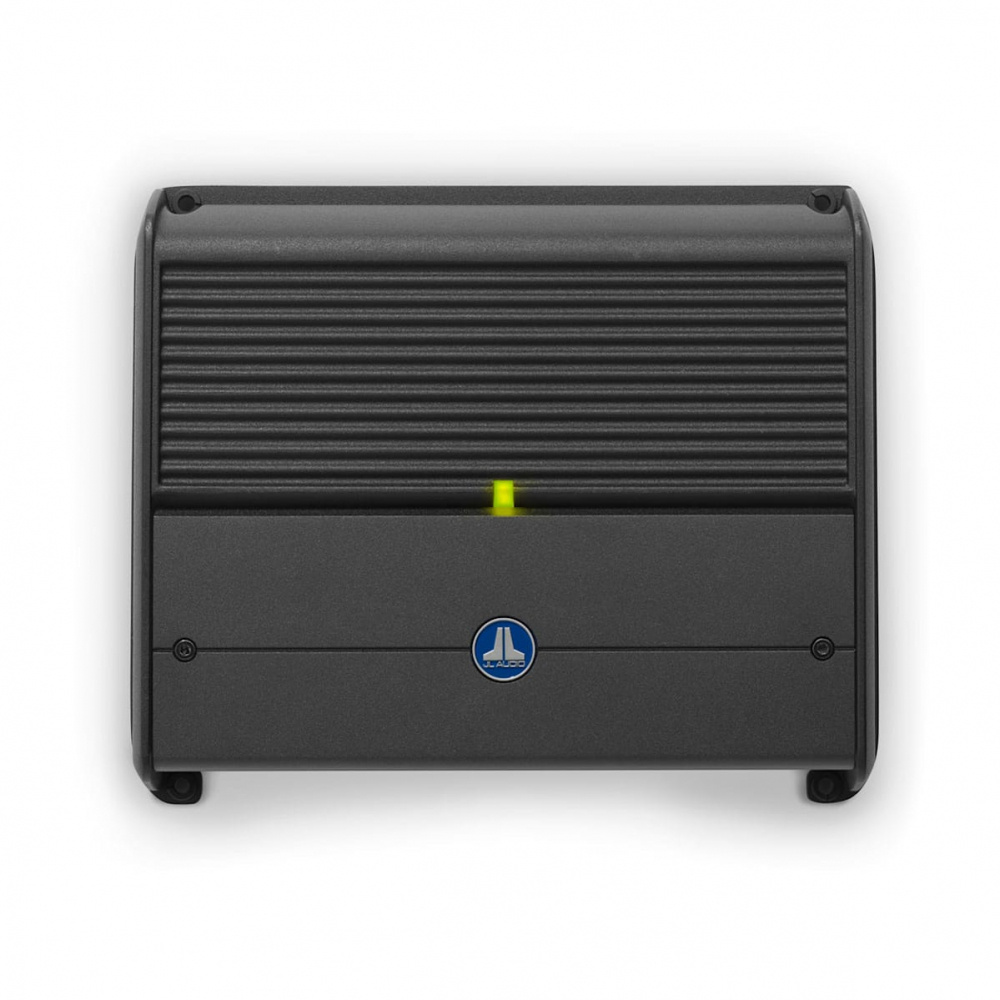 En svart monoblock förstärkare med en grön LED-lampa.