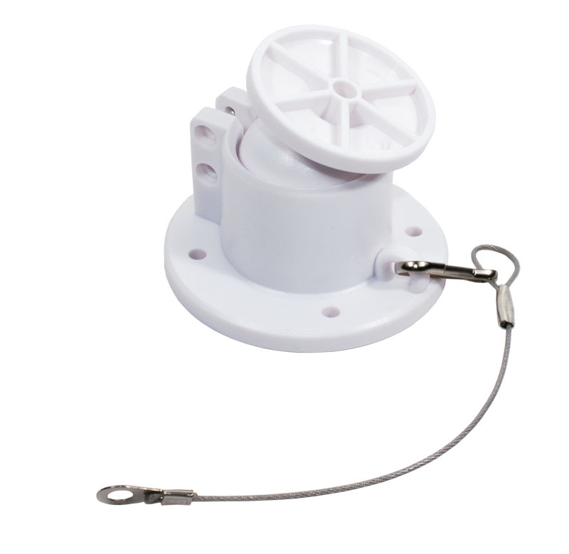 Vitt vridbart väggfäste med kabel och fästanordningar.