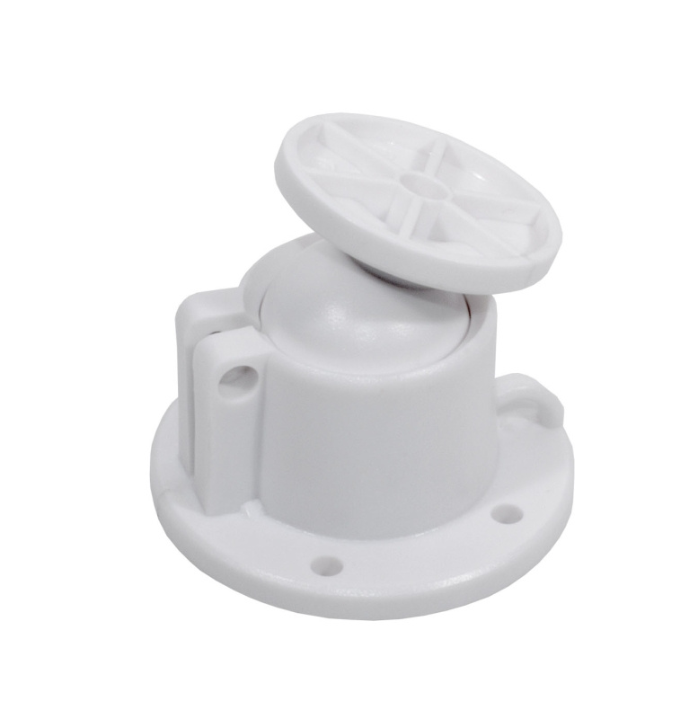 Vitt vridbart väggfäste i plast, rund bas med justerbart fäste.