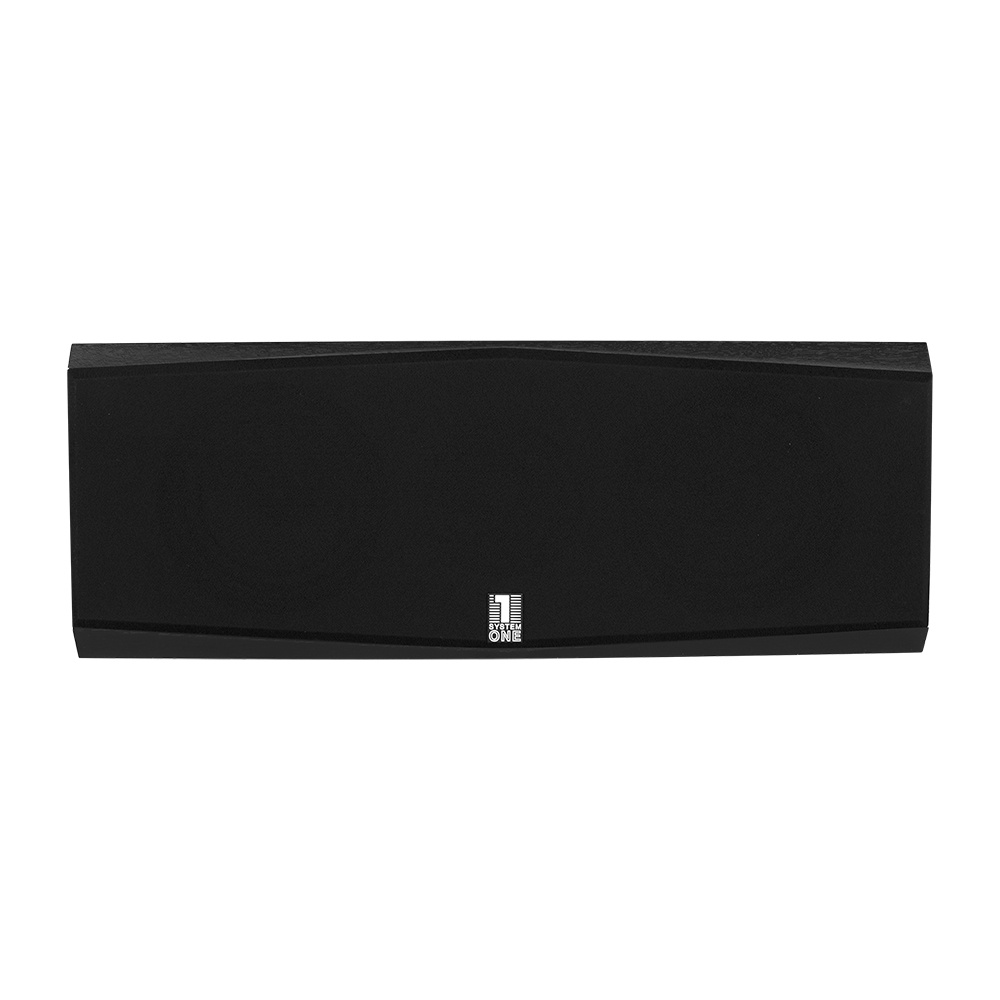 Centerhögtalare med svart finish och två enheter för ljudåtergivning.