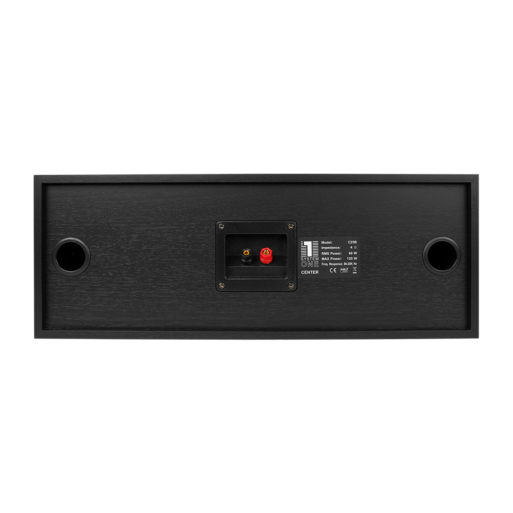 Centerhögtalare med svart finish och anslutningar på baksidan.