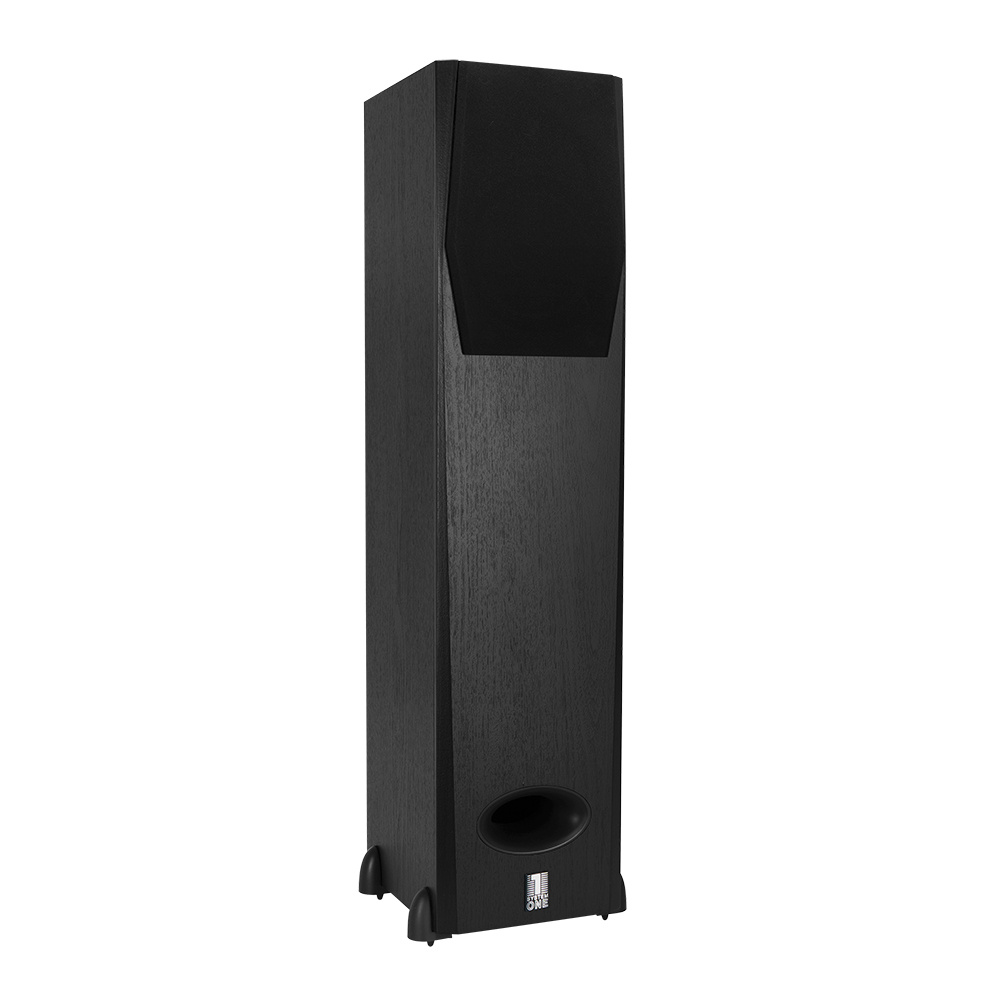 Golvhögtalare med svart finish och modern design.