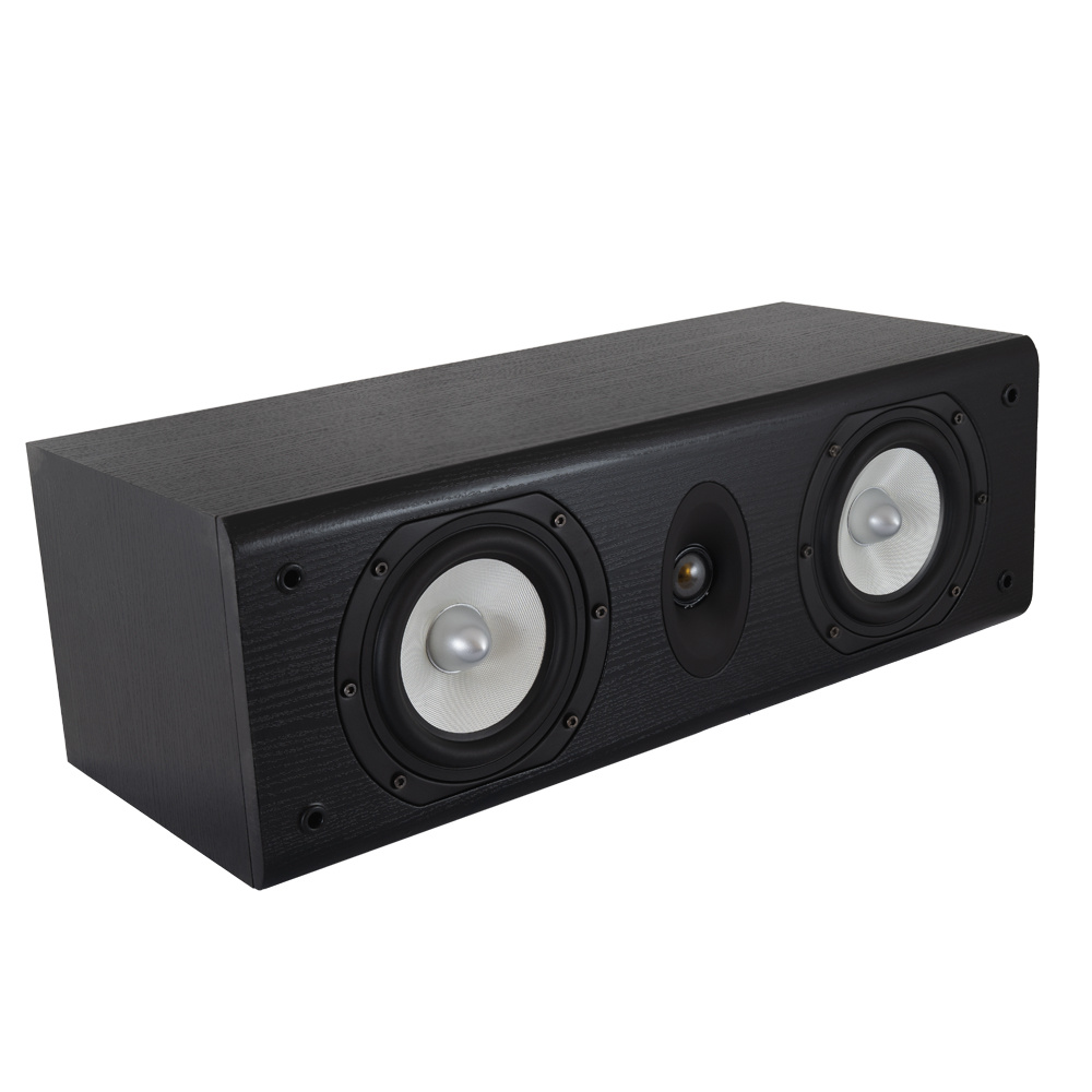 En svart högtalare med två basar och en diskant.