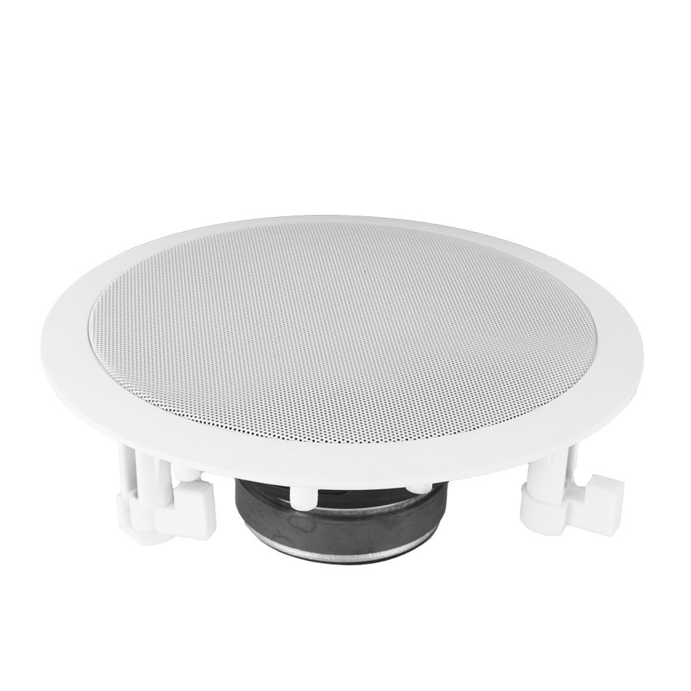 Högtalare för inbyggnad, vit med metallgrill, rund design.