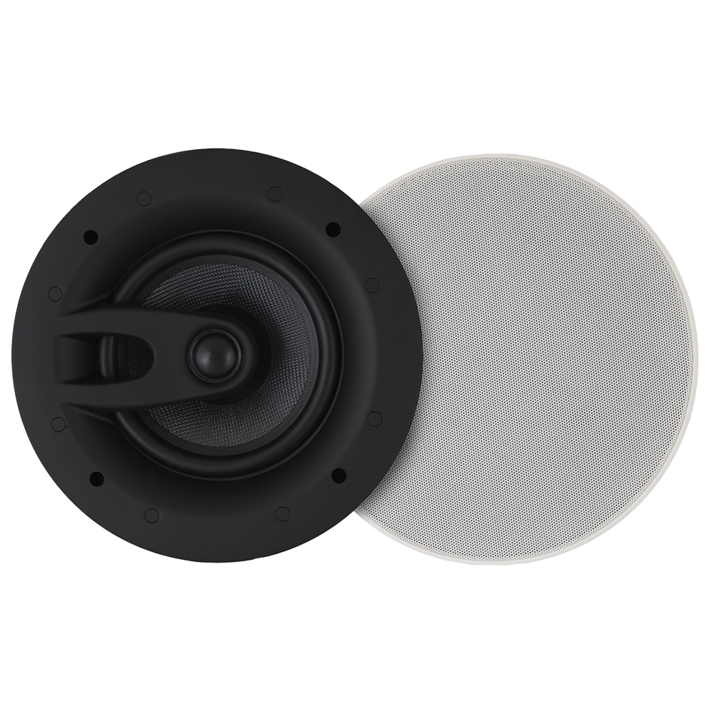 Högtalare med rund grill och svart bas, designad för inbyggd installation.