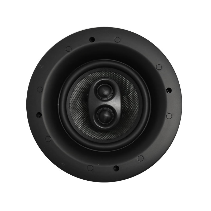 Högtalare med rund design, inbyggd och slim profil för ljudinstallationer.