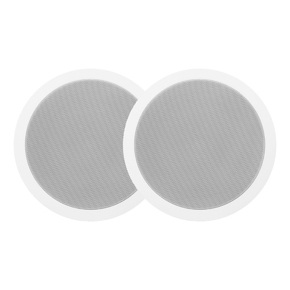 Två runda, grå högtalare med vit ram för inbyggd installation.